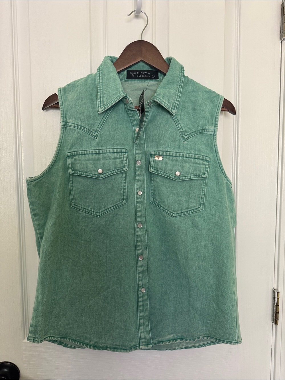 Lucky & Blessed Mint Green Sleeveless Denim Snap-Front Shirt